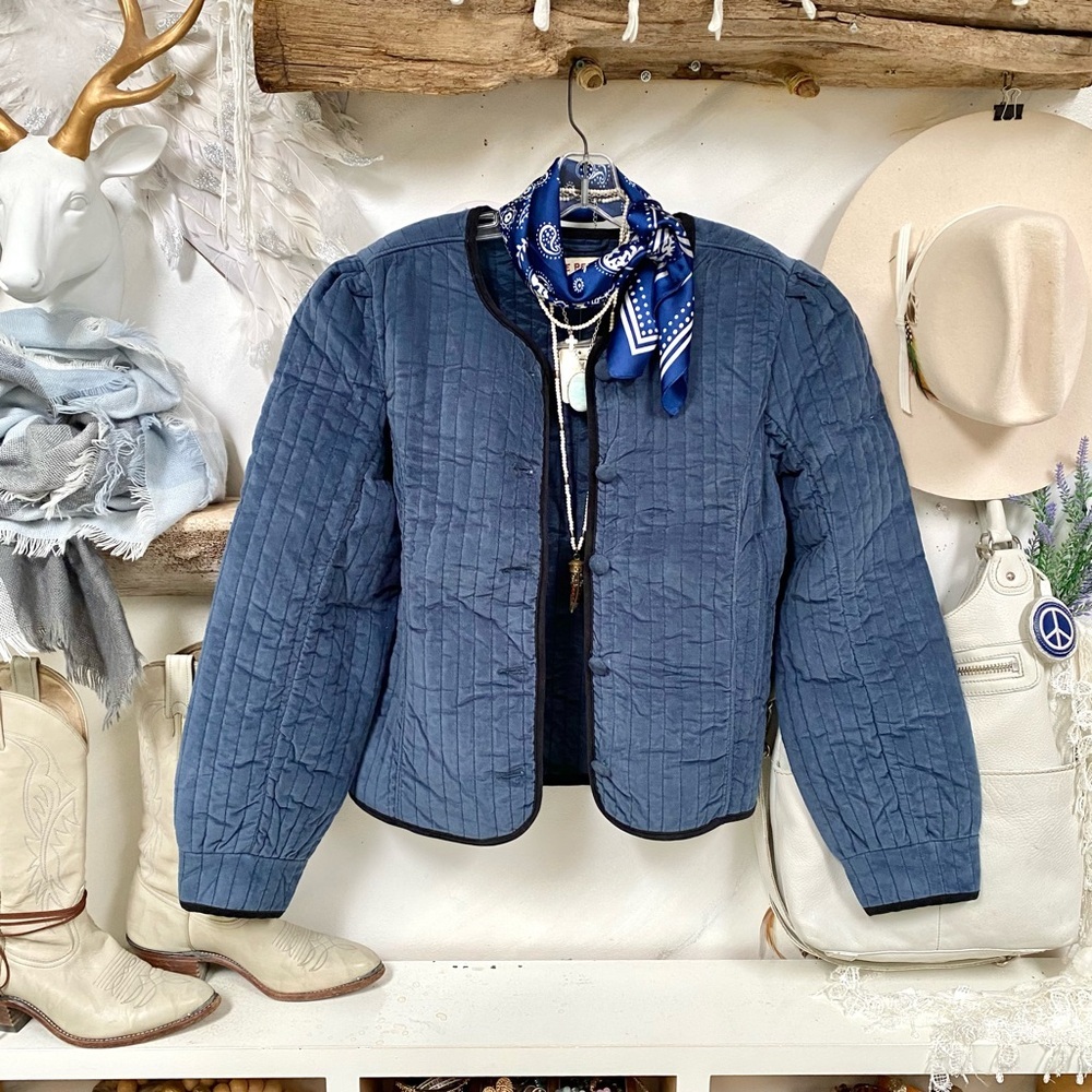 Free People quilted blue velvet boho Natalia spring jacket w prairie vibe
